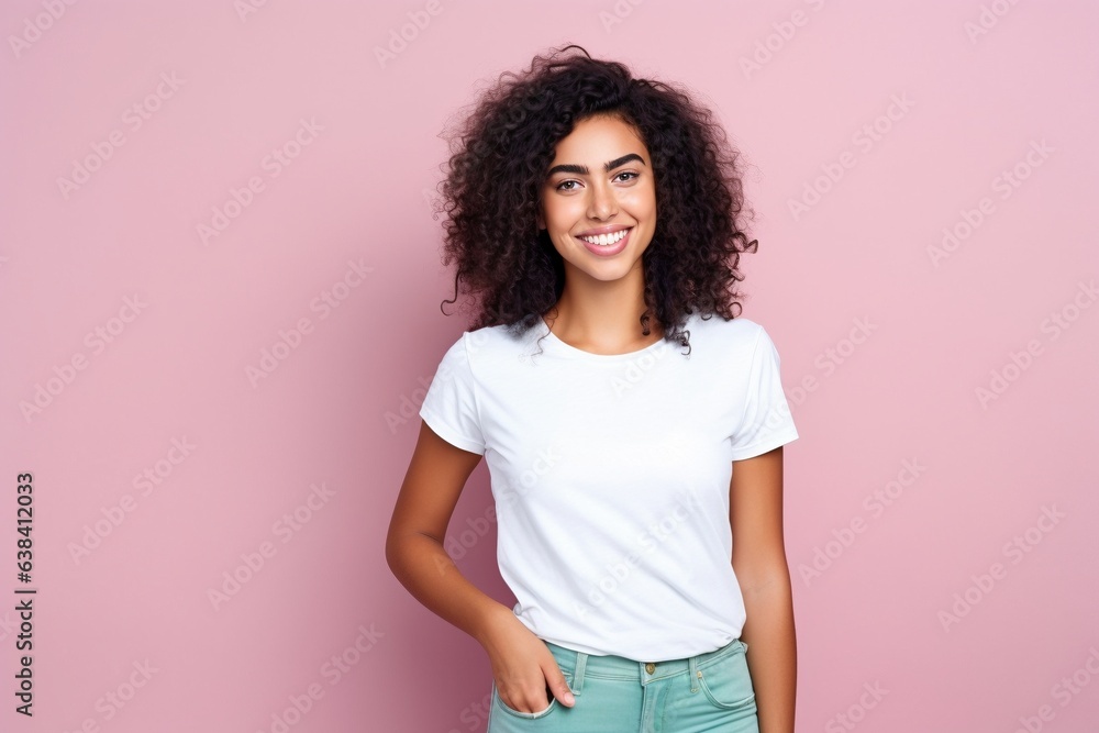 female model wearing white tshirt on pink background for mock up photos
