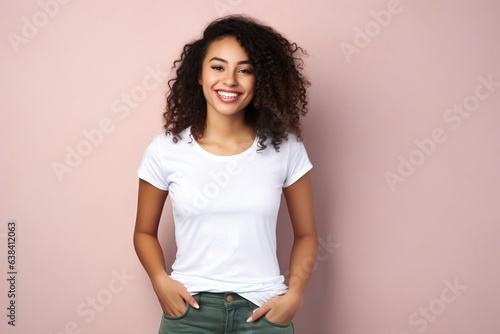 attractive smiling female with brown hair wearing white tshirt for mock up on plain pink background