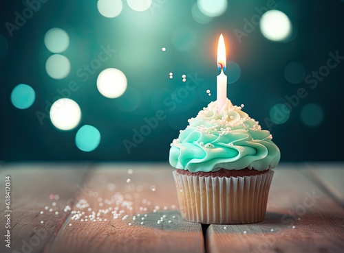 Celebratory cupcake with candles on a blue background. Decorations for a birthday or holiday.