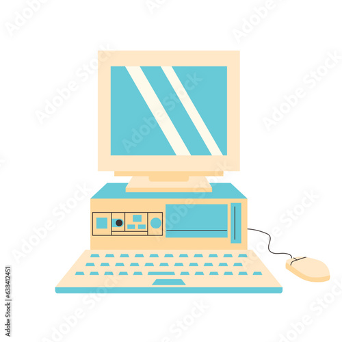 Retro computer with system unit, keyboard and mouse. Old vintage device 80s, 90s, 2000s nostalgic. Y2k PC.