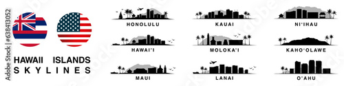 Vector illustration featuring the iconic skylines of Hawaii's islands. Set of exotic landscapes. Perfect for designs capturing the essence and beauty of the Aloha State. Maui, Honolulu, Kauai and more photo