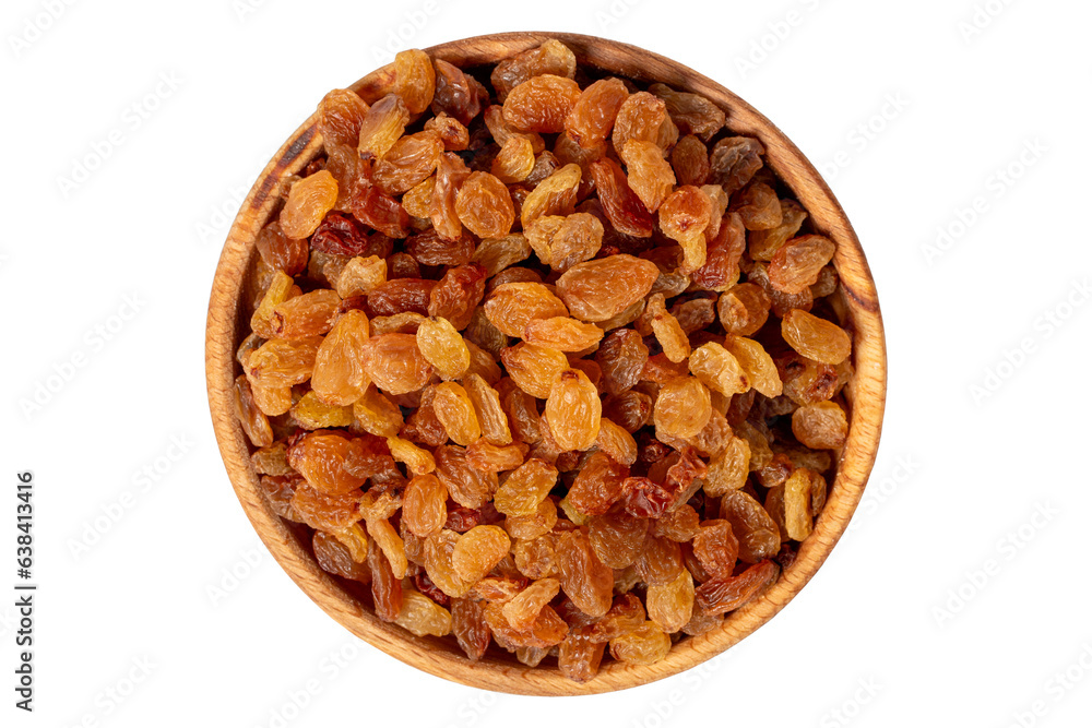 Raisins in wooden bowl. Sun-dried natural raisins isolated on white background. Top view Raisins in wooden bowl. Sun-dried natural raisins isolated on white background. Top view