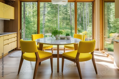 Modern kitchen in an interesting yellow with a dining table, modern built-in appliances and a wide view from the picture window.