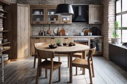 Rustic modern kitchen with round wooden dining table, modern built-in appliances and wooden furniture.