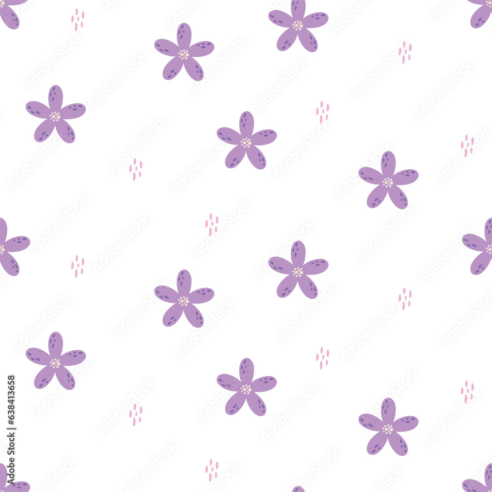 Floral seamless vector pattern. Cute hand drawn texture with flowers. Minimalistic scandi style backdrop. Fun background for wrapping paper, packaging, gift, fabric, wallpaper, textile, apparel.