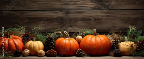 Festive autumn still life with pumpkins, red apples and leaves on dark wooden background. Top view with copy space. Concept of autumn harvest, happy Thanksgiving day or Halloween.