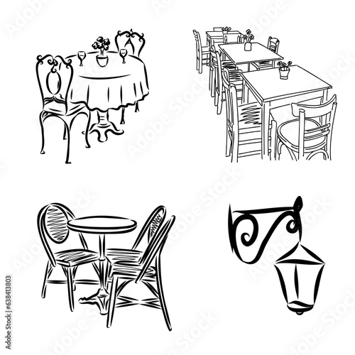 French Street Cafe, Hand drawn Vector Illustration