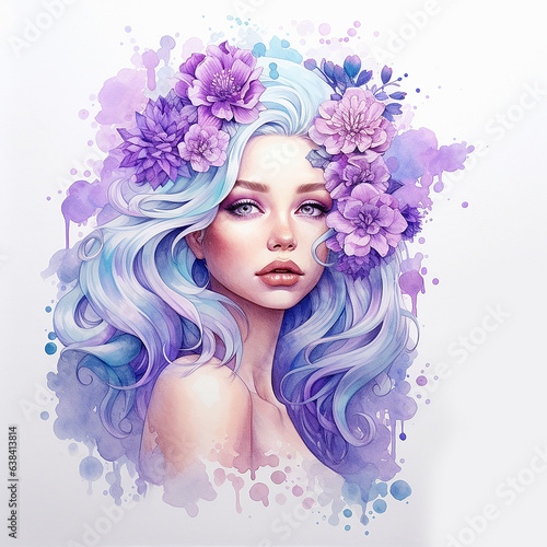 Beautiful young woman with blue hydrangea flowers in her hair. Watercolor drawing © Nadezhda