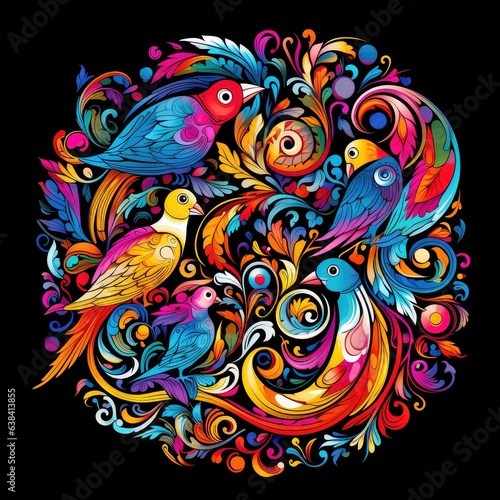 pattern of bright and colourful tropical birds and flowers