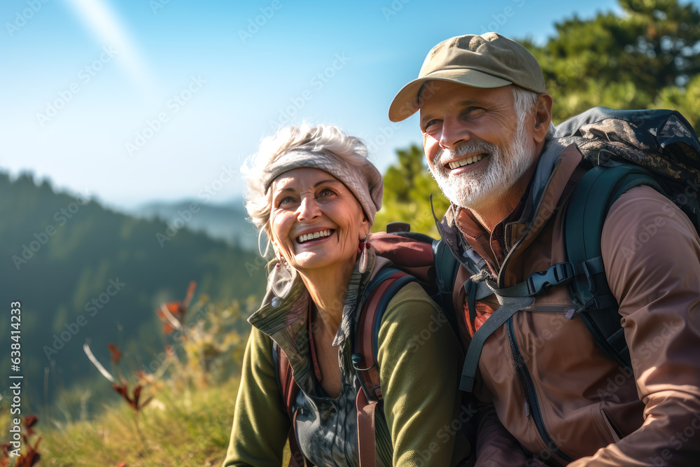 Happy senior people travel with backpacks in the forest area