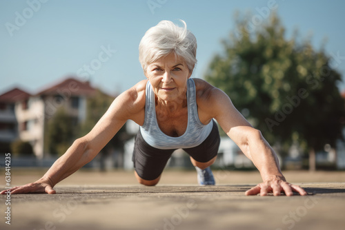 Elderly gray-haired woman doing push-ups outdoors. Healthy lifestyle in adulthood.