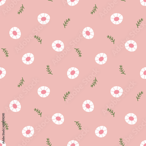 Floral seamless vector pattern with blooming marguerites. Cartoon texture with vintage flowers. Scandi theme background for wrapping paper, packaging, gift, fabric, wallpaper, textile, apparel.