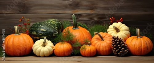 Festive autumn still life with pumpkins  red apples and leaves on dark wooden background. Top view with copy space. Concept of autumn harvest  happy Thanksgiving day or Halloween.
