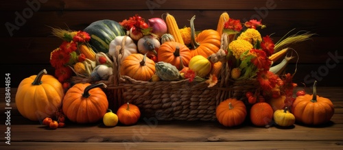 beautiful autumn harvest in basket and leaves on brown background.