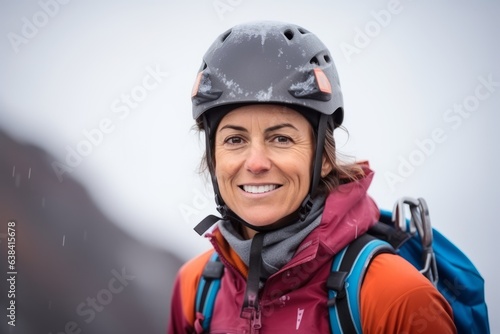 Portrait of a smiling woman with snowboard helmet in the mountains © Nerea