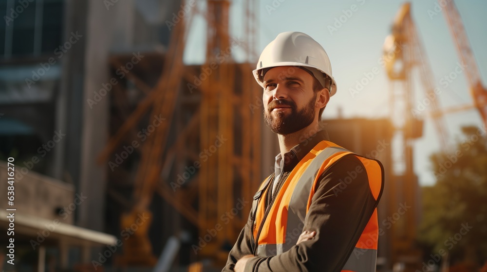 An engineer in a construction uniform on the background of a construction site in the city