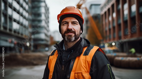 An engineer in a construction uniform on the background of a construction site in the city