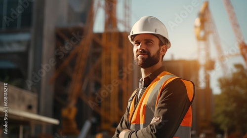 Fotografia An engineer in a construction uniform on the background of a construction site i