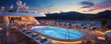 Luxury pool deck at modern cruise ship at summer vacation.