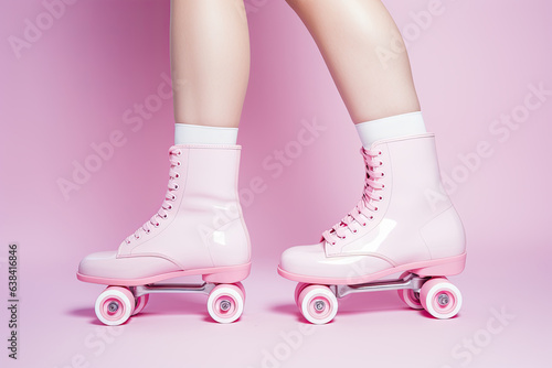 piernas portando patines rosas, con botas del mismo color, sobre fondo rosa, ilustracion de IA generativa