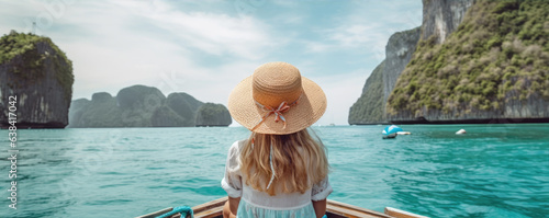 Rear view of young girl with hat and summer dres sitting on boat. copy space for text. © Michal