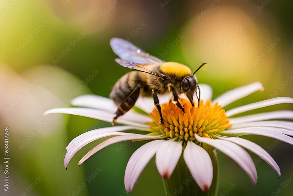 Small yellow bright summer flowers and bee on a background of blue and green foliage in a fairy garden. Macro artistic image. Banner format Small yellow bright summer flowers and bee on a background of blue and green foliage in a fairy garden. Macro artistic image. Banner format