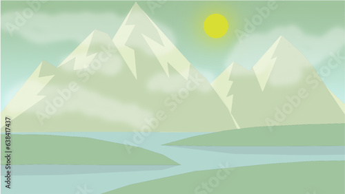 2D natural landscapes. River Island islet, mountain mountain, and sun. Green tones.
