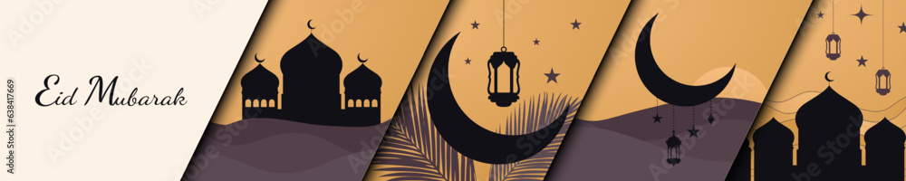 Simple Eid Mubarak Banner. Modern Ramadan Mubarak Icon posters. Ramadan silhouette elements Moon, mosque dome, desert, dunes, crescent, lantern, stars. Vector Illustration. EPS
