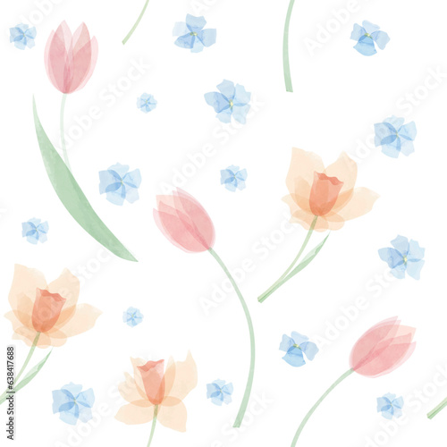 Vector seamless pattern with spring watercolor flowers