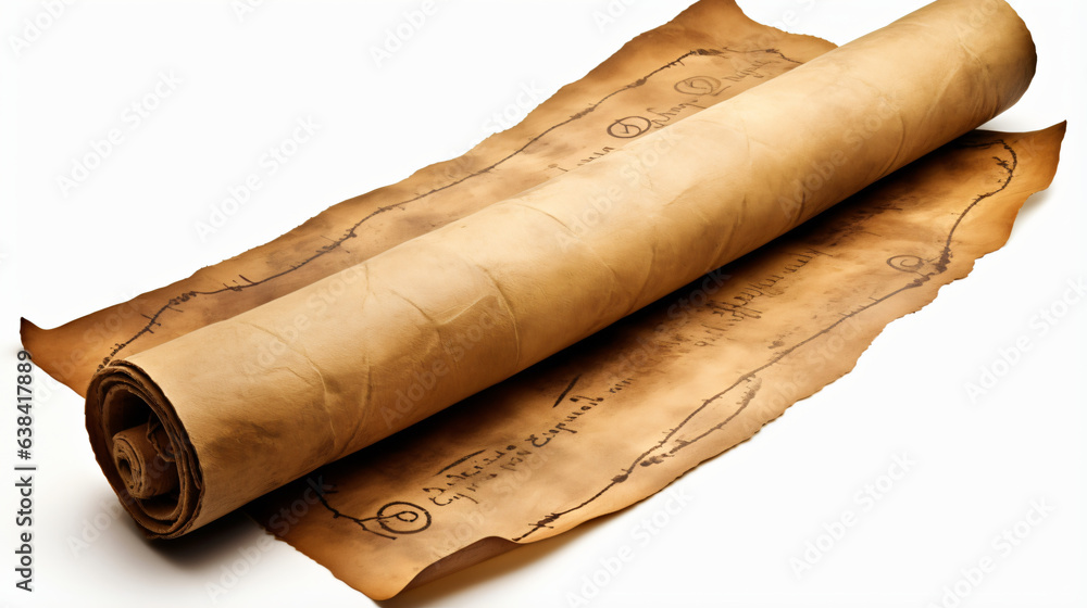 Scroll of old yellowed paper on white background