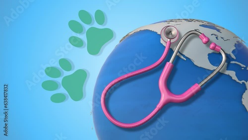 National rabies day concept with an earth stethoscope and dog paw photo