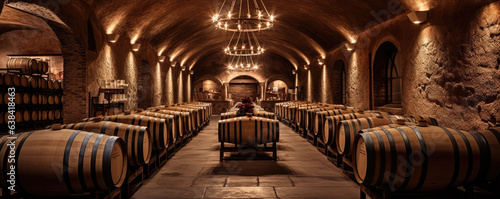 Foto Old cellar with wine wooden barrels. copy space