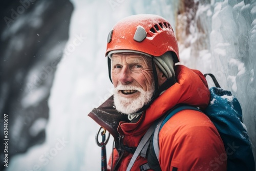 Senior man climbing frozen waterfall. Ice climbing and mountaineering.