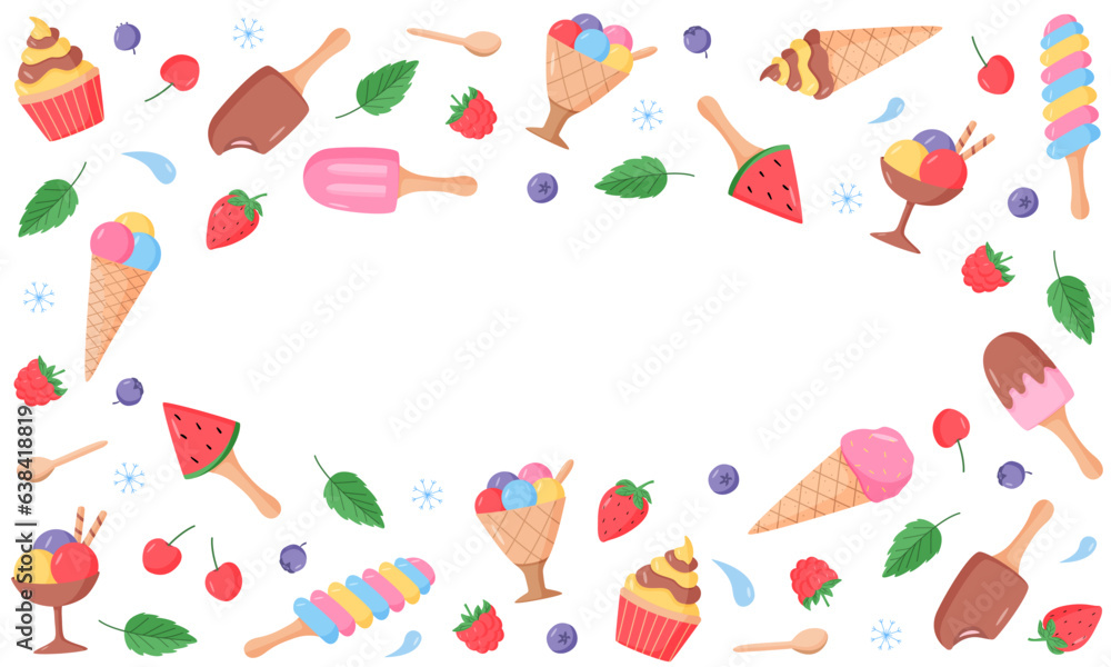 Ice cream and berries set of bright colored icons. Vector illustration of summer desserts popsicles, ice cream in waffle cones, strawberry cherry raspberry mint blueberry.