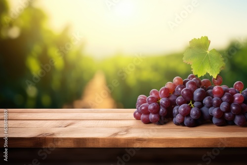 Wooden table with fresh red grapes and free space