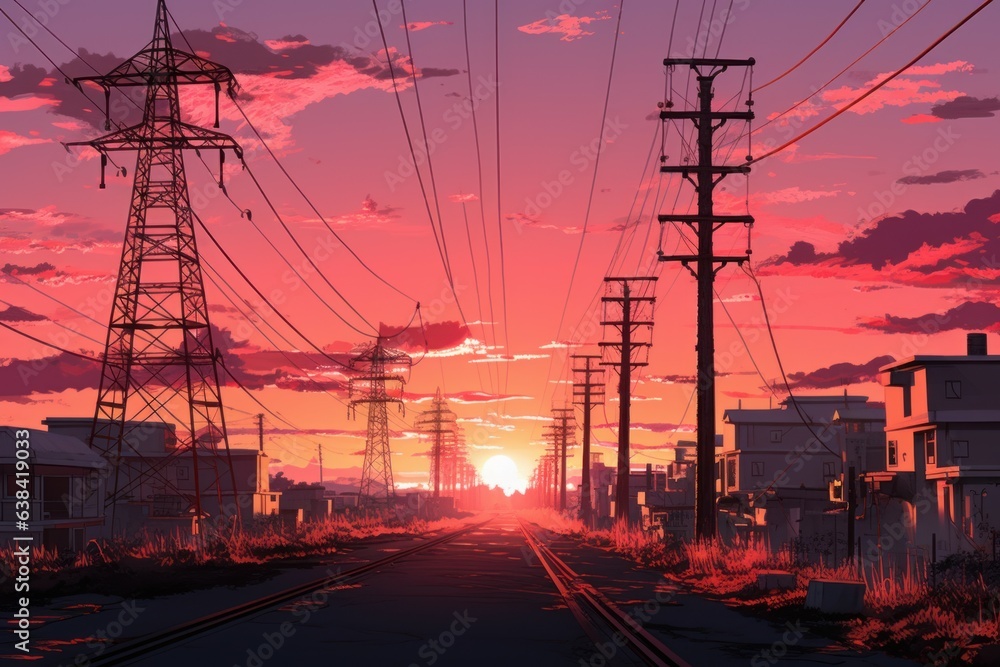 Power lines anime visual novel game. Generate Ai - obrazy, fototapety, plakaty 