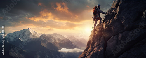 Climber on a rock in sunset light, panorama photo