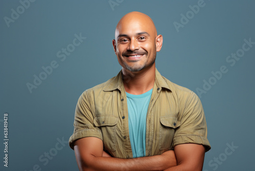 indian bald man standing isolated against plain background photo