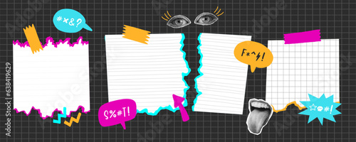 Popart collage grunge torn paper collection. Set of paper strips with doodle elements. Sticky ripped notes, shreds of notebook pages, stickers, paper stuck with sticky tape. Vector illustration