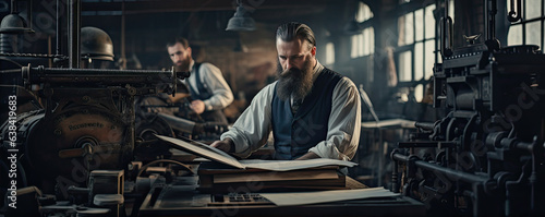 Man working at printing press offince in old times.