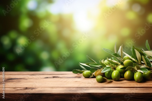 Wooden table with olives fruits and free space on nature background