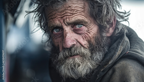 Portrait of a poor homeless man on the urban street in the city.