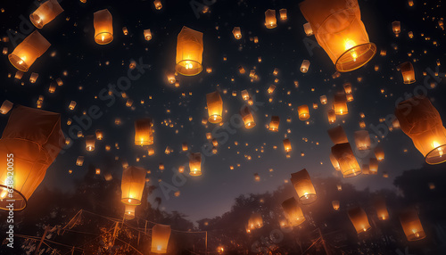 Flying lanterns in the sky during the Diwali festival in India