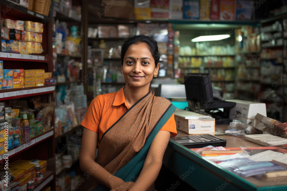 Portrait of Indianwoman small Kirana or grocery shop owner sitting at cash counter, looking happily at camera - obrazy, fototapety, plakaty 