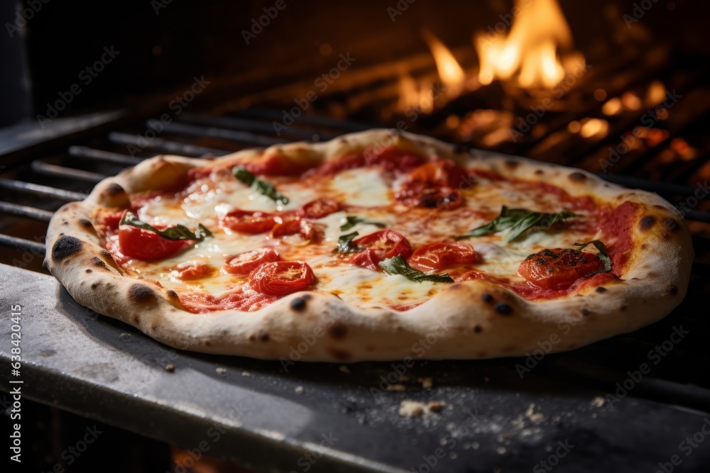 Fresh baked pizza closeup, traditional wood fired oven