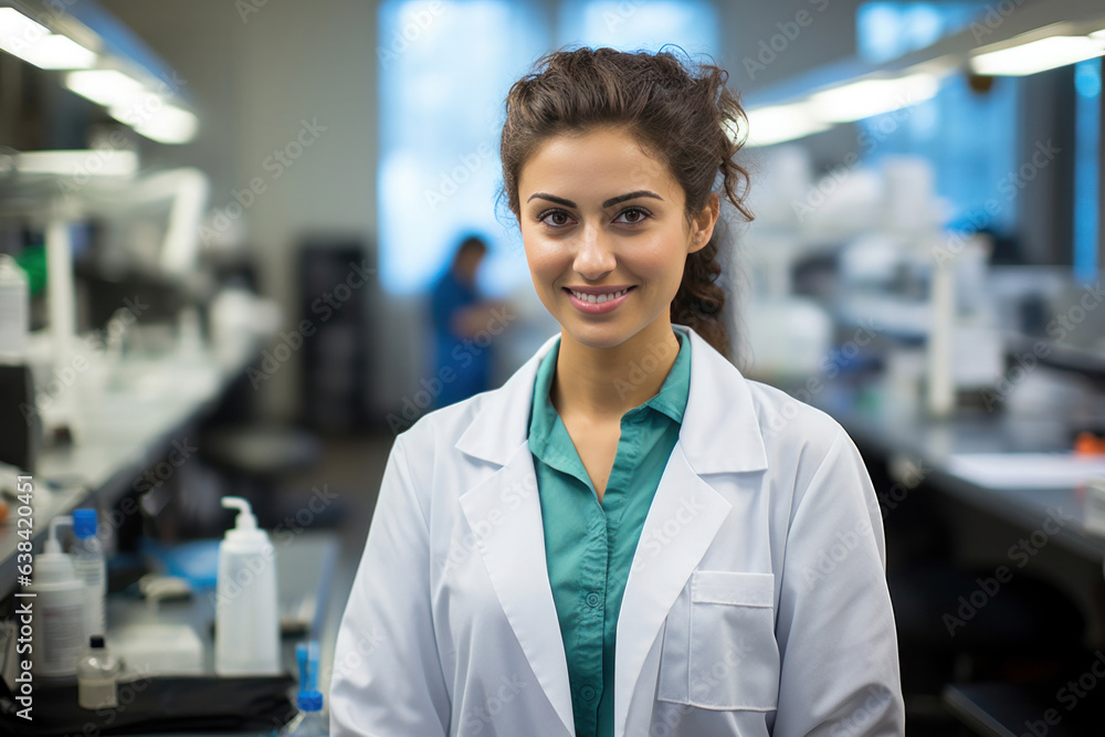 Closeup portrait, young smiling Indian female scientist in white lab coat. Research and development - obrazy, fototapety, plakaty 