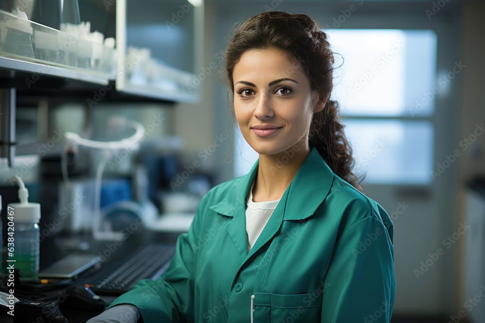 Fototapeta premium Closeup portrait, young smiling Indian female scientist in white lab coat. Research and development