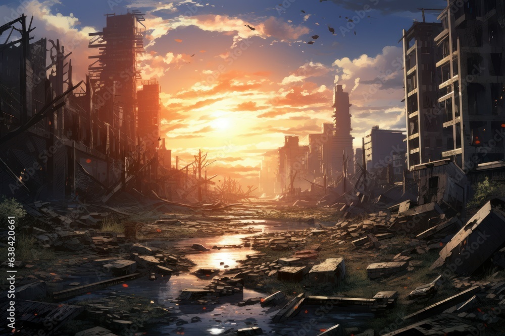 Ruined city sunset anime visual novel game. Generate Ai - obrazy, fototapety, plakaty 