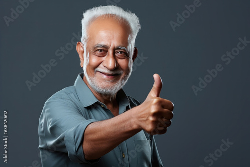 Happy old Indian man showing Ok or thumbs up sign