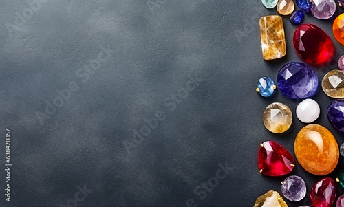 Greeting card template with natural precious and semi-precious stones in different colors on a gray leather surface. Copy space